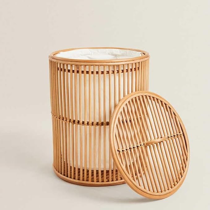 Wicker Cane Laundry Basket with Lid & Removable Liner | Handwoven Natural Rattan Clothes Hamper for Bedroom, Bathroom & Laundry Room (BEIGE)